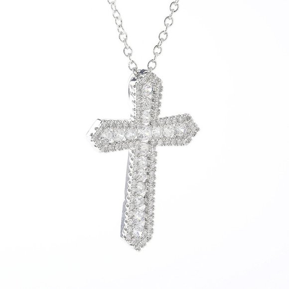 NEW Silver Round Diamond Holy Cross Necklace - Picture 8 of 8